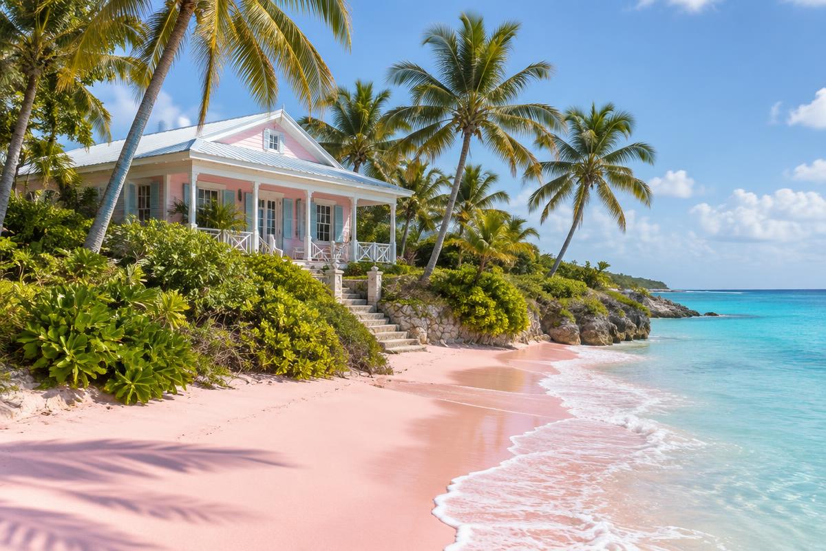 Pastel colonial cottage beneath coconut palms above a pink-sand beach on Harbour Island, Bahamas; illustrative, not a photograph of the listed property