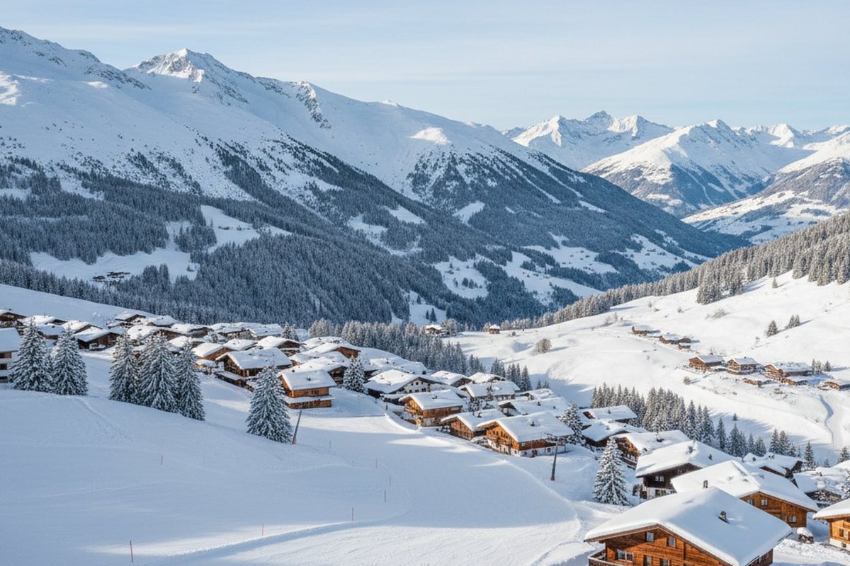 Wooden chalets of car-free Oberlech above Lech am Arlberg in deep snow, with ski slopes; illustrative, not a photograph of the listed property