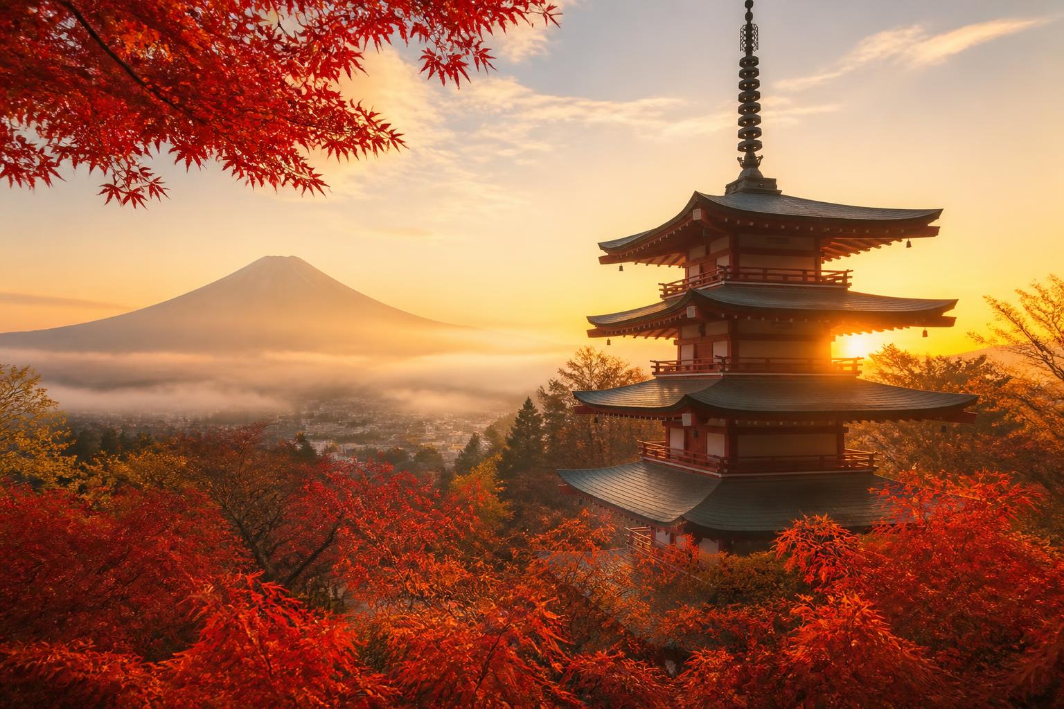 Pagoda among red autumn maples with Mount Fuji at dawn, Japan