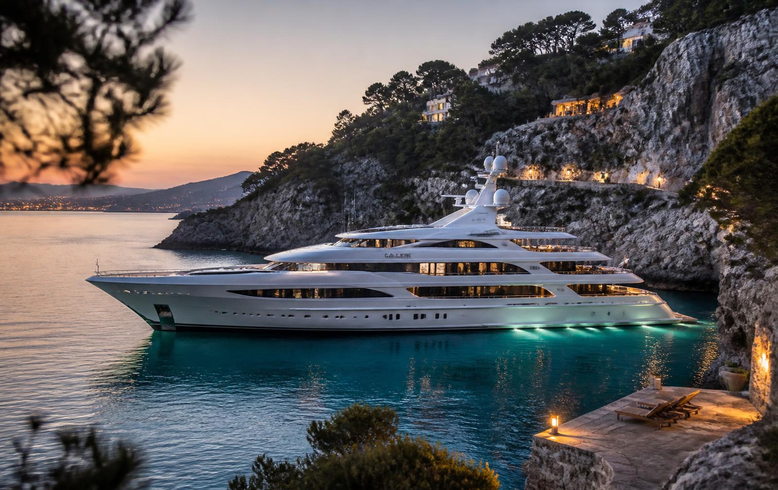 A yacht at anchor off a crowded Mediterranean coast in high summer