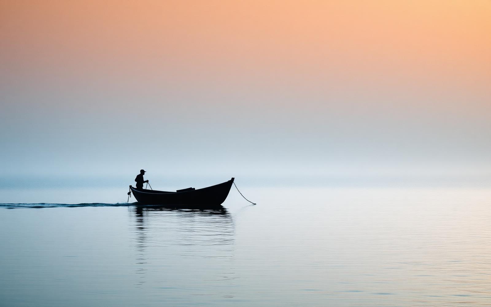 Illustrative image of a lone fisherman in a small boat on calm water at dawn; not a verified photograph of Cap Ferret