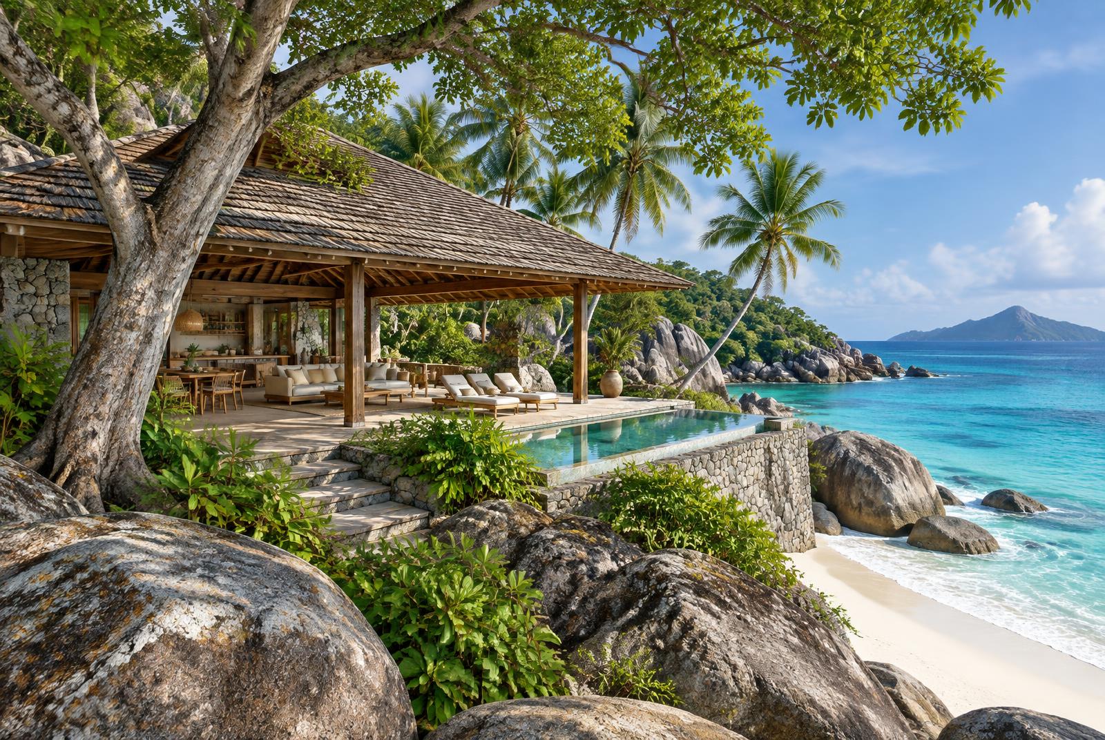 Illustrative timber-and-stone villa among granite boulders on a Seychelles beach; not a photograph of the listed property