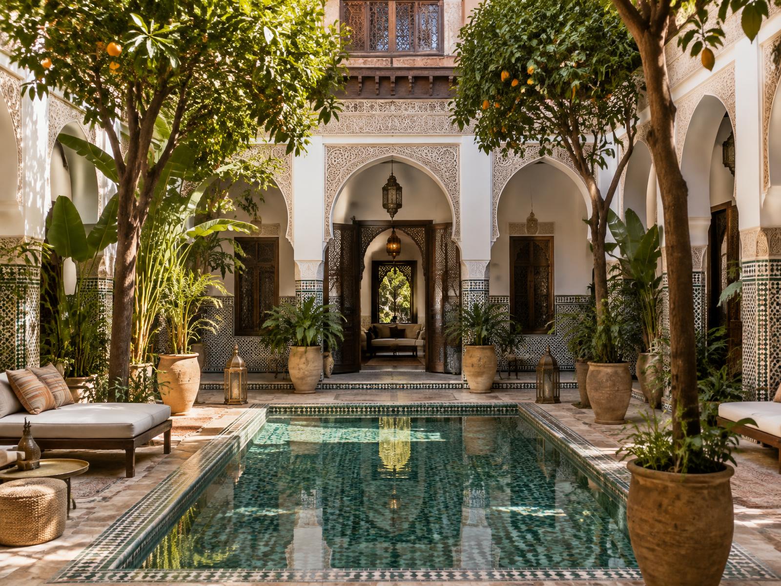 Illustrative Marrakech riad courtyard with zellige tile and a reflecting pool; not a photograph of the listed riad