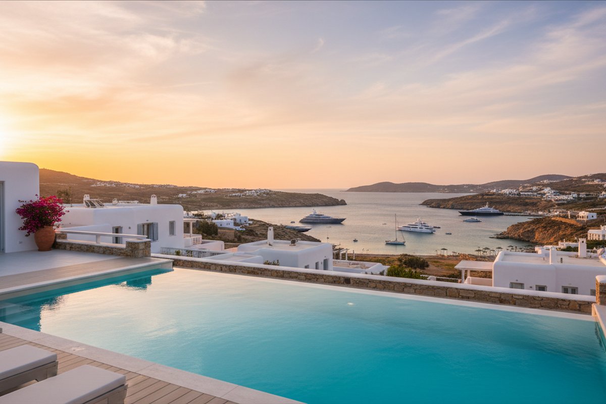 Whitewashed villa terrace with pool looking down on Psarou bay, Mykonos, at golden hour; illustrative, not a photograph of the listed property