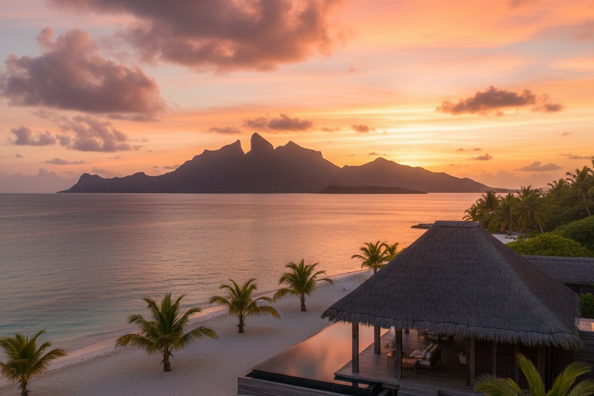Beach villa on North Island, Seychelles, at sunset looking across to Silhouette Island; illustrative, not a photograph of the listed property