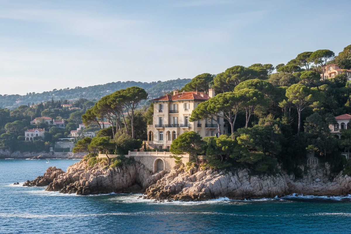 Belle Epoque villa among pines and rocky shore of the Cap d'Antibes, Cote d'Azur; illustrative, not a photograph of the listed property
