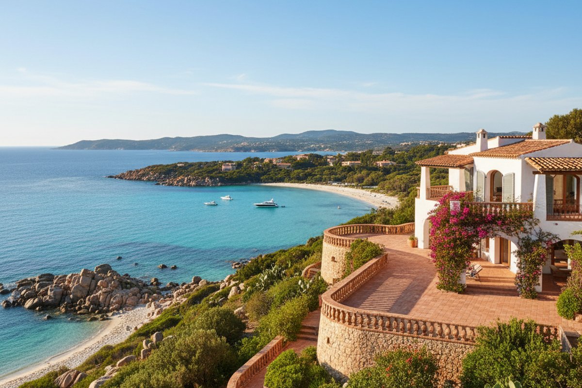 Costa Smeralda villa with terracotta terraces above Pevero bay, Sardinia; illustrative, not a photograph of the listed property
