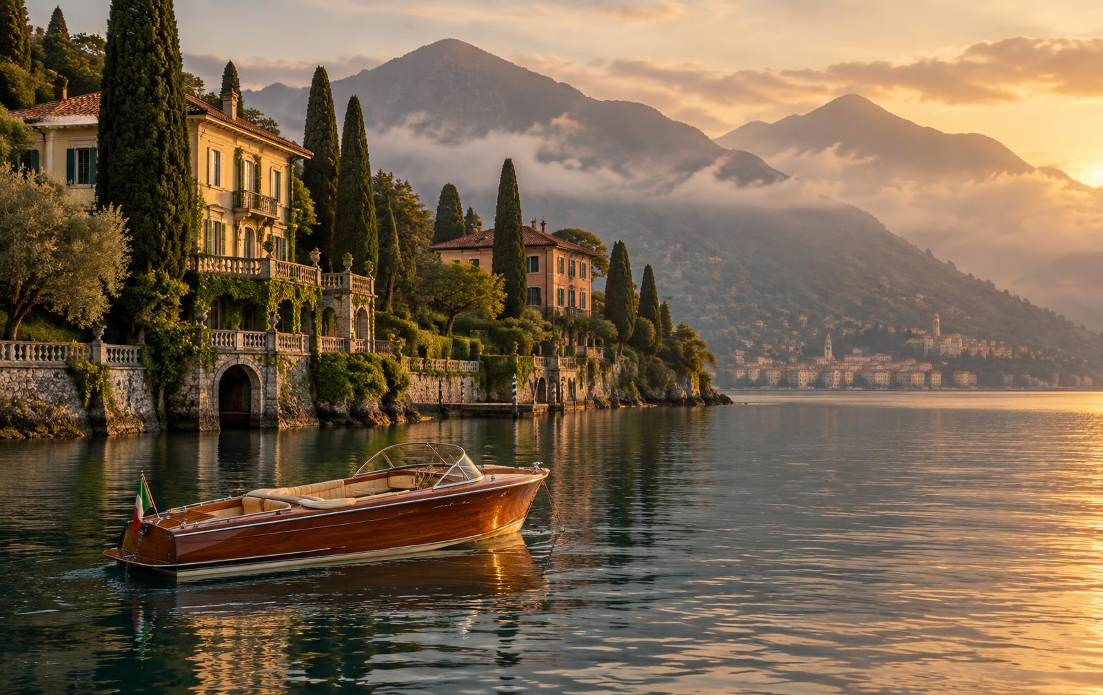 Illustrative photograph of a boat on a lake beside villas and mountains
